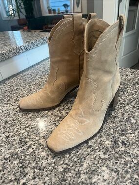 Zara Suede Western Ankle Boots - Beige